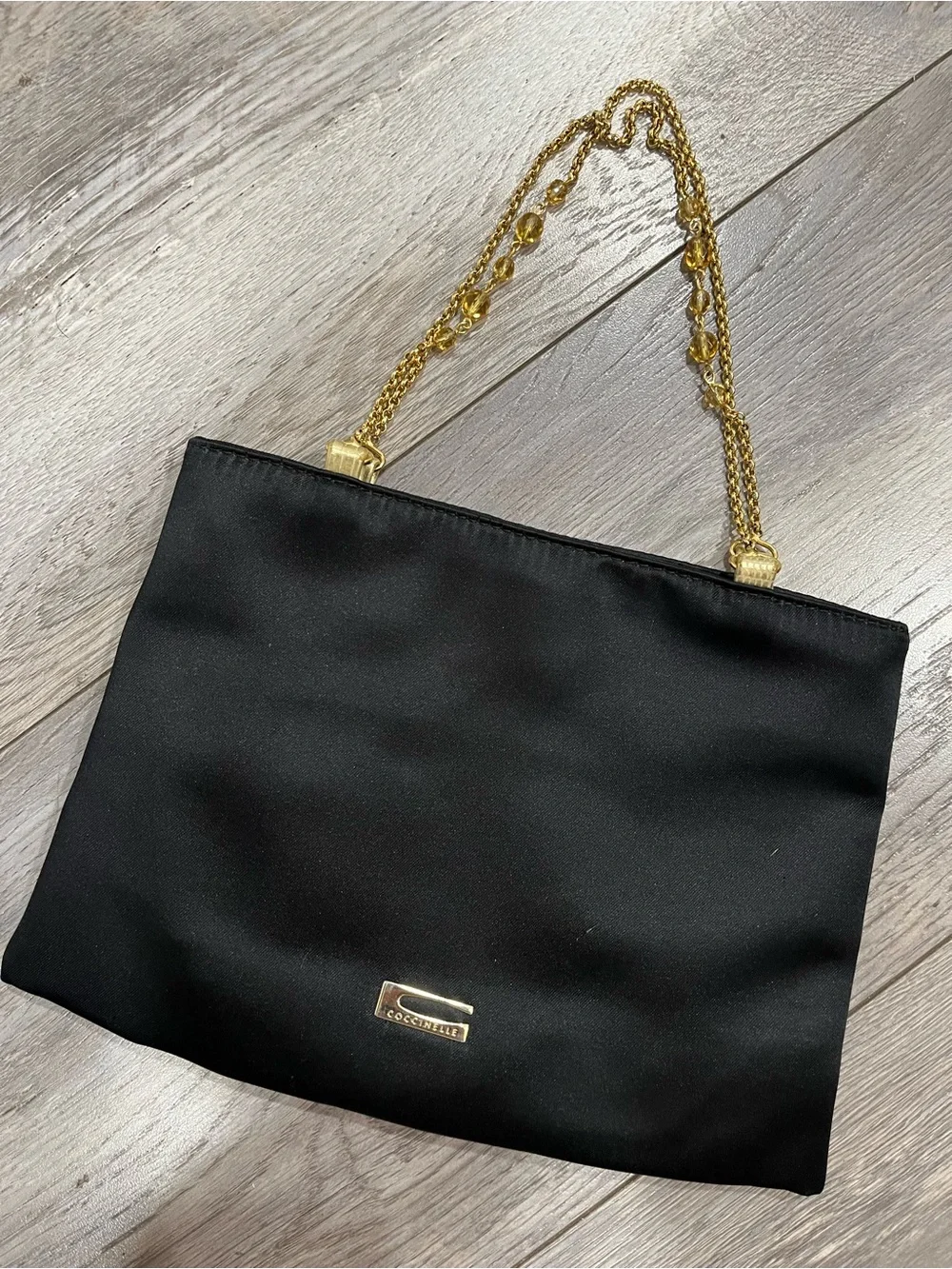 Black Satin Clutch with Beaded Gold Chain Strap by Coccinelle